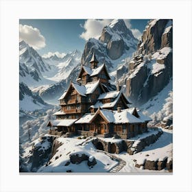 Beautiful House In Between Snow Caped Mountain Canvas Print