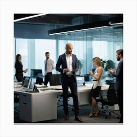 Confident Ceo Standing Center At A Sleek Modern Office Workshop Surrounded By Focused Team In Moti (5) Canvas Print