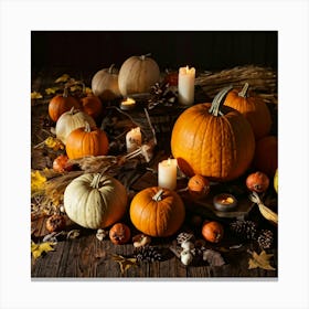 Pumpkins On A Wooden Table Canvas Print