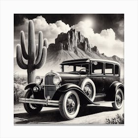 Car and Cactus: A Simple and Elegant Black and White Photograph of a Car and a Cactus in the Desert Canvas Print