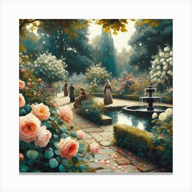 Rose Garden With The Fountain, Acrylic Style Painting 25 Canvas Print