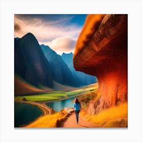 Woman Walking Down A Mountain Path Canvas Print