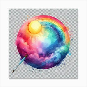 An abstract watercolor painting of a rainbow inside a circle, with a yellow sun at the top and a blue cloud at the bottom, surrounded by colorful clouds and stars, with a paintbrush in the corner. Canvas Print