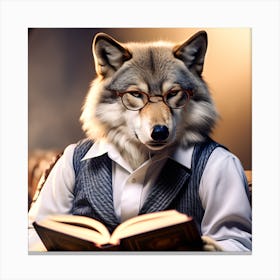 Wolf In Glasses Reading A Book Canvas Print