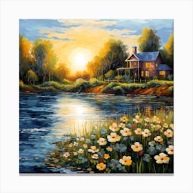 Charming Riverside Retreat: Brushstroke Poetry Canvas Print