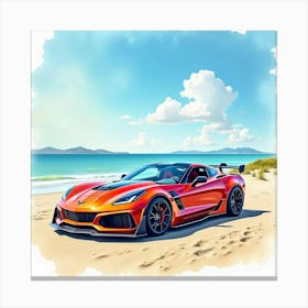 Chevrolet Corvette Zr1 In A Colorful, Watercolor Beach Setting Canvas Print