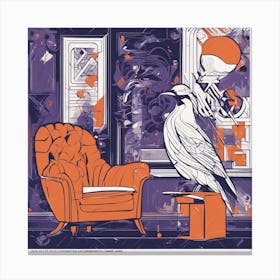 Drew Illustration Of Bird On Chair In Bright Colors, Vector Ilustracije, In The Style Of Dark Navy A (3) Canvas Print
