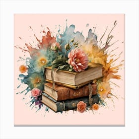 Best books and flowers on watercolor background 4 Canvas Print