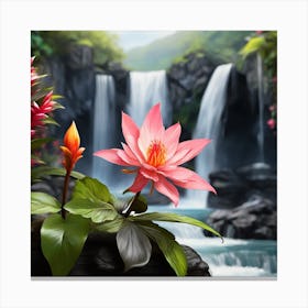 Lotus Flower And Waterfall Canvas Print