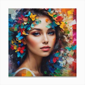 Colorful Girl With Flowers Canvas Print