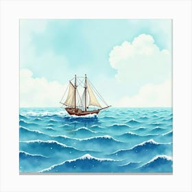 Scenic Yacht Journey On A Watercolor Tranquil Sea 1 Canvas Print