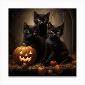 Three Black Cats With Pumpkins Canvas Print