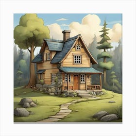 A Little House In The Woods Cartoon Drawing Art Print 1 Canvas Print