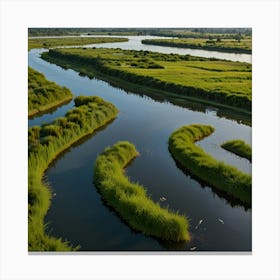 A Peaceful River Delta With Winding Waterways, Lush Green Vegetation, And Abundant Birdlife 2 Canvas Print