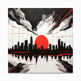 Black and Red Sunset Cityscape Reflection Contemporary City Silhouette Decor Lienzo