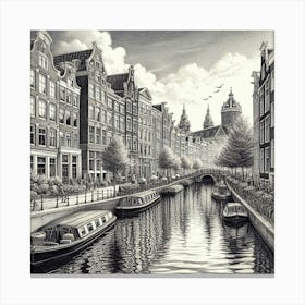 A Serene Amsterdam Canal Scene Captured In A Realistic Pen And Ink Drawing, Style Realism 1 Canvas Print