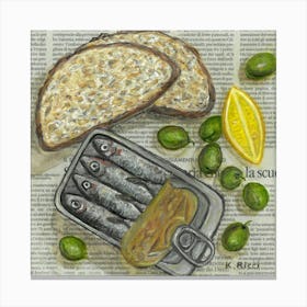 Sardines Tin With Bread Slices, Olives And Lemon on Italian Newspaper Canned Fish Food Seafood Anchovies Bakery Restaurant Wall Decor Canvas Print