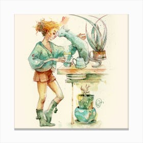 Watercolor Of A Girl And Cat Canvas Print