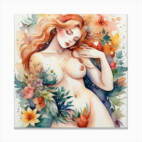 Nude Woman With Colorful Flowers Canvas Print