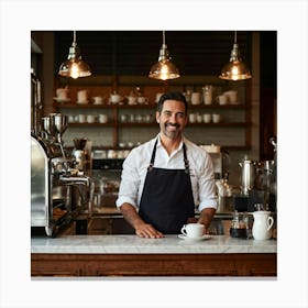 Cafe Interior Early Morning Barista Clad In A Crisp Apron With Visible Badges Of Skill Steam Waft Canvas Print