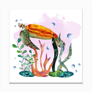 Watercolor Sea Turtle Square Canvas Print