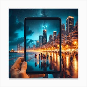 Hand Holding A Tablet showing couple At Night time Canvas Print