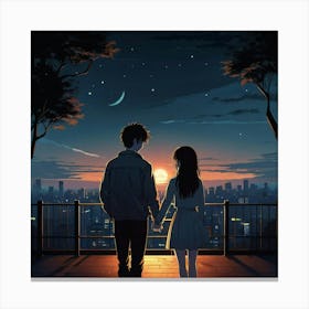 an anime young loving couple, lonely feeling, hope, vector, cartoon style, night Canvas Print