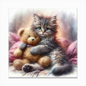 Kitten Hugging Teddy Bear Canvas Print