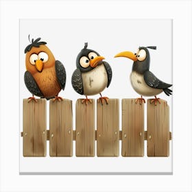 Cartoon Birds On Wooden Fence Canvas Print