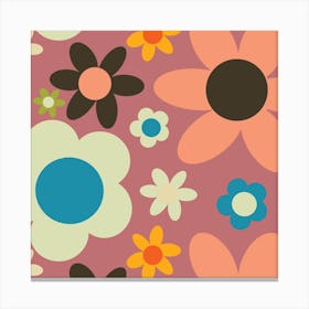 Bold 70s  Retro Floral Pink Square Canvas Print