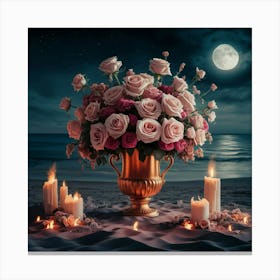 vase of Roses ander moon light 1 Canvas Print