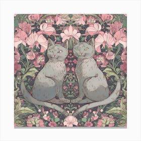 William Morris  Inspired  Classic Cats Grey Pink And Green Square Canvas Print