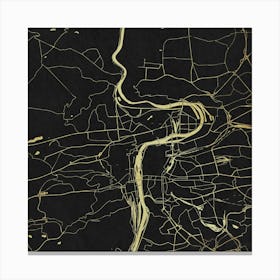 Prague Gold Map On Black Canvas Print