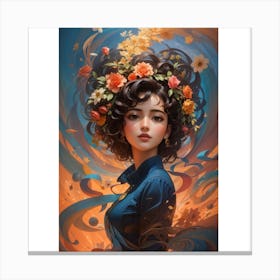 (2)The image depicts a woman with dark hair and a flower wreath on her head. She is wearing a blue shirt and has a thoughtful expression on her face. The background features a swirling pattern of orange and blue colors. Canvas Print