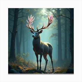 A Majestic Deer With Antlers Of Shimmering Crystal Standing In A Magical Forest Canvas Print