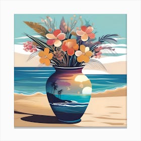 Flower Vase Decorated with Seascape and Palm Trees, Blue, Orange and Beige Canvas Print