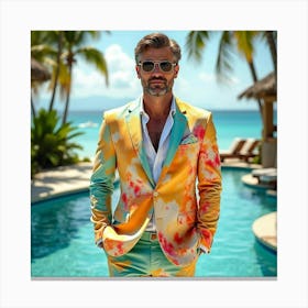 Dapper Man In Watercolor Suit, Luxurious Tropical Resort 1 Canvas Print