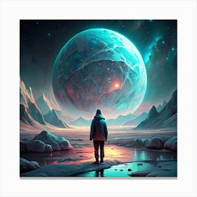 Man Gazing At A Giant Alien Planet In A Mountainous Landscape Canvas Print