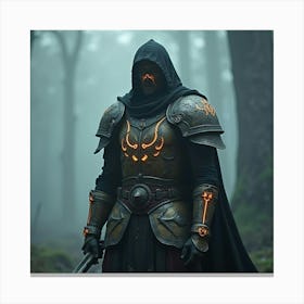 A Warrior With Glowing Runes On Armor, Standing In Fog 1 Canvas Print