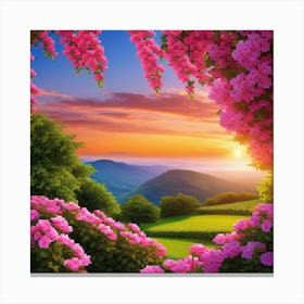 Pink Flowers Sunset Read Shade Flowers Blue Sky Beautiful Location Sunset View Wall 2 Canvas Print