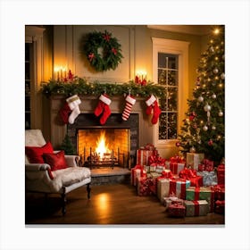 A Convivial Christmas Scene A Roaring Hearth Fireplace Illuminating The Room A Lush Evergreen Chri 2 1 Canvas Print