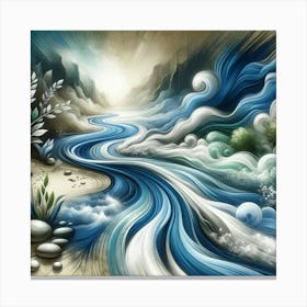 Title: "Rhythmic Tides"  Description: "Rhythmic Tides" is an artistic masterpiece that captures the fluid motion of a river's journey toward the horizon. The swirling blues and whites create a mesmerizing pattern that mimics the natural rhythm of water. This piece embodies tranquility and the continuous flow of life, ideal for those seeking a serene yet dynamic element in their living space, invoking the soothing presence of water in motion. Canvas Print