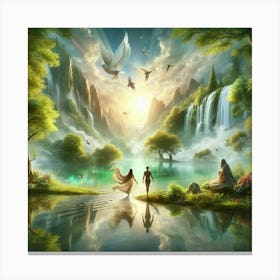 Couple Walking By A Waterfall Canvas Print