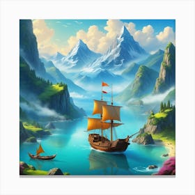 Big Mountains With Sale Boat In The Lake Canvas Print