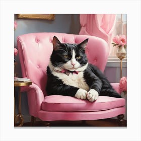 Cat Nap Tuxedo Cat Napping In Pink Interior Art Print Canvas Print