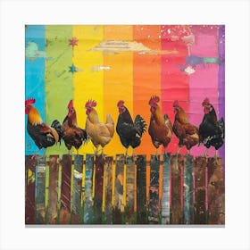 Rainbow Retro Chickens On The Fence 2 Canvas Print