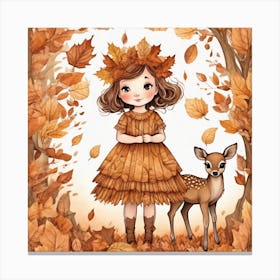 Beautiful Little Girl Autumna Dress Made Of Leaveswith A Beautiful Fawnmagicallyrefined Detaile Canvas Print