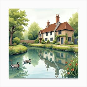 Charming English Village Pond, Watercolor With Ducks And Reflection 1 Canvas Print