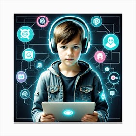 Child With Headphones And Tablet Canvas Print