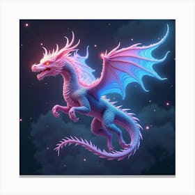 A Surreal Dragon With Scales Of Flowing, Neon Light Soaring Through A Cosmic Nebula Canvas Print